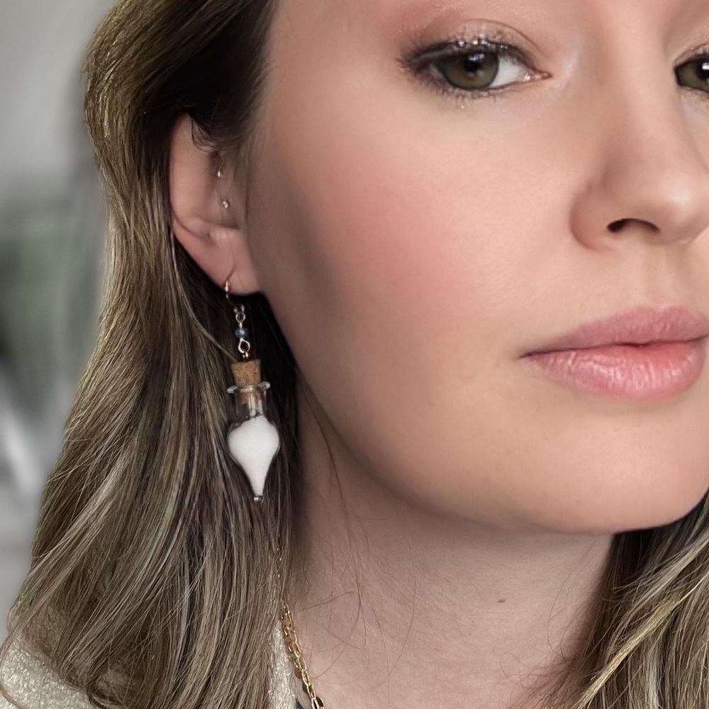 Handcrafted Salt White Bottle Charm Earrings - POTS awareness